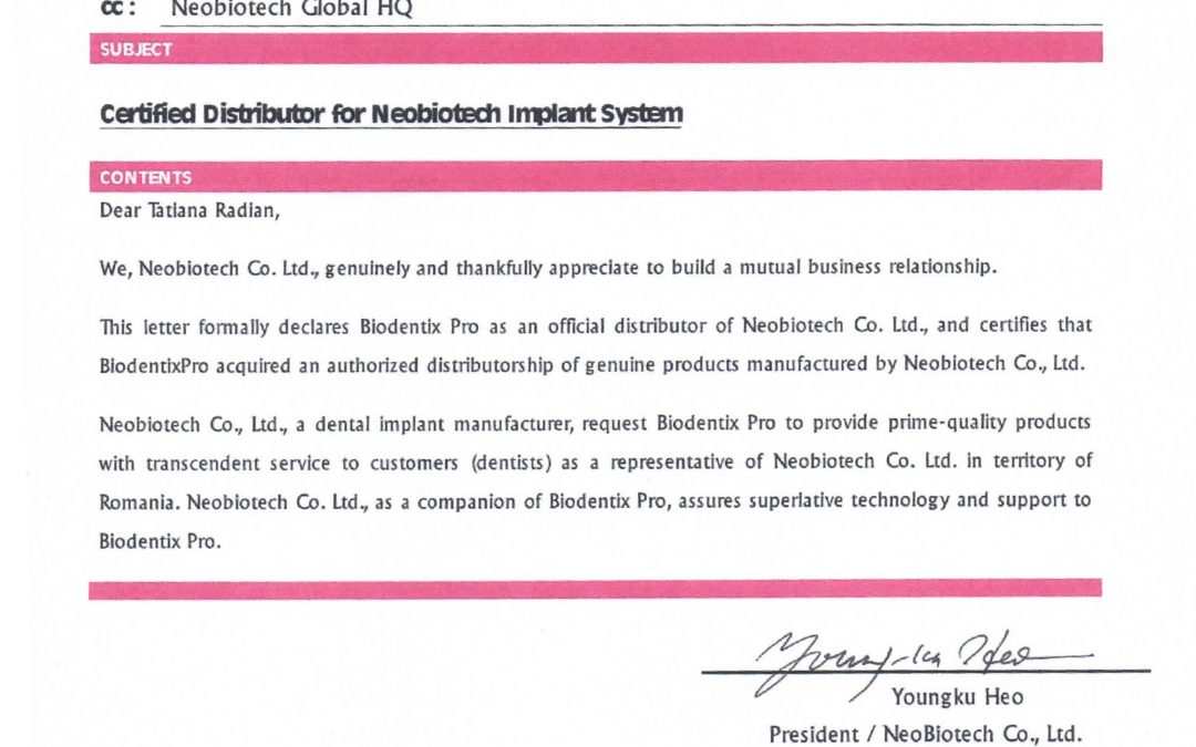 Certificare Biodentix Pro in calitate de distribuitor Neobiotech